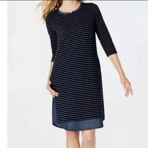Womens J. Jill Petite Small Cotton Knit Shift Dress Navy Blue Striped Chambray